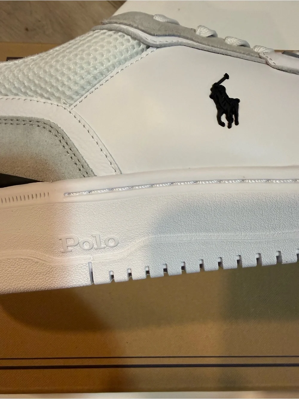 Polo/ Open Masters Leather-Paneled Sneaker/ LTL wHT/ BLK- leather/suede/ mesh/